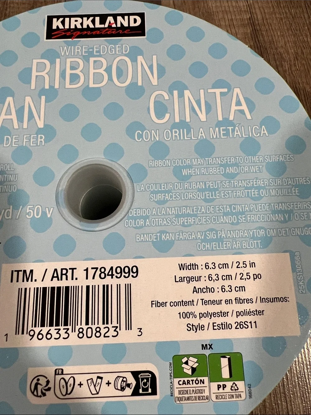 Kirkland Signature Satin Wire-Edged Ribbon in Mint Blue